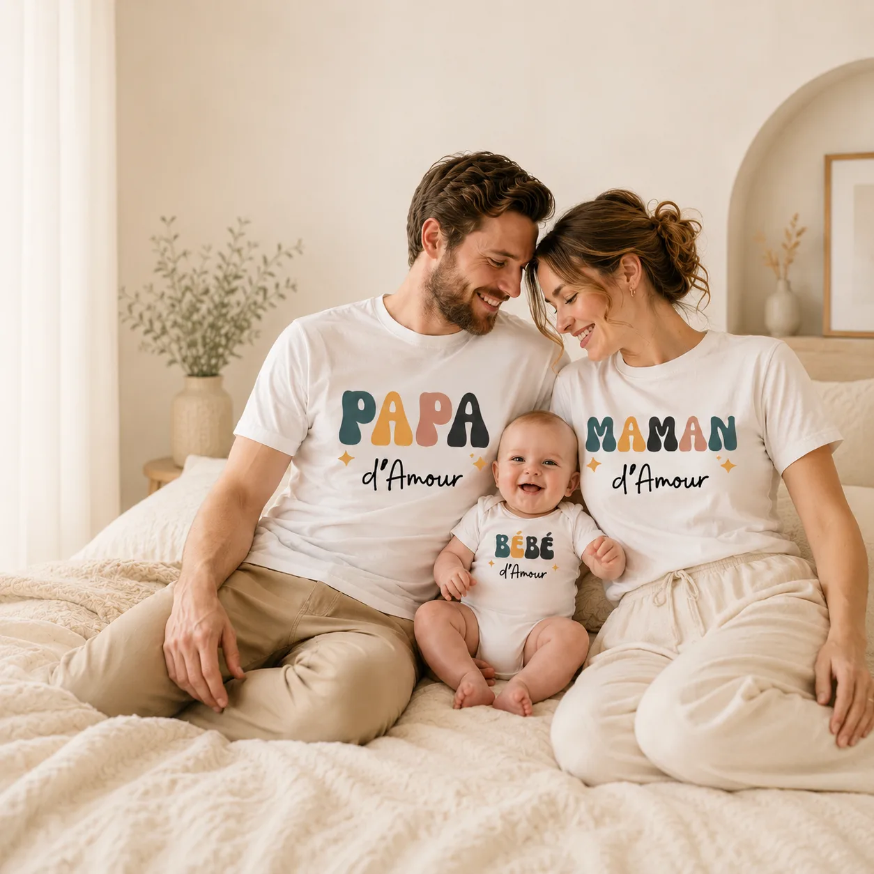 Papa, maman et bébé souriants portant les t-shirts assortis Papa d'Amour, Maman d'Amour et Bébé d'Amour