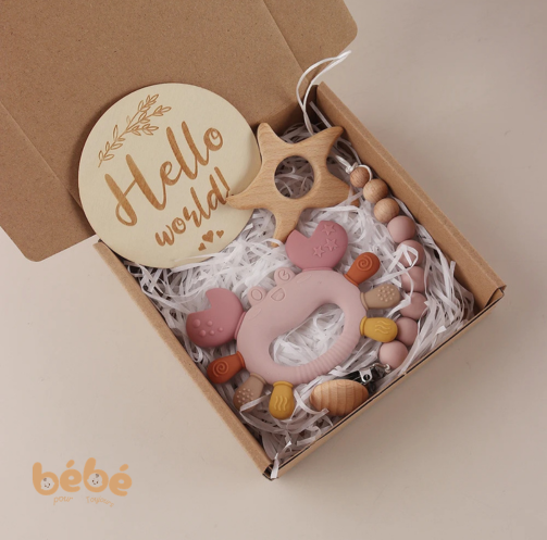 Coffret Cadeau Bébé Dentition Crabe Silicone & Bois Naturel