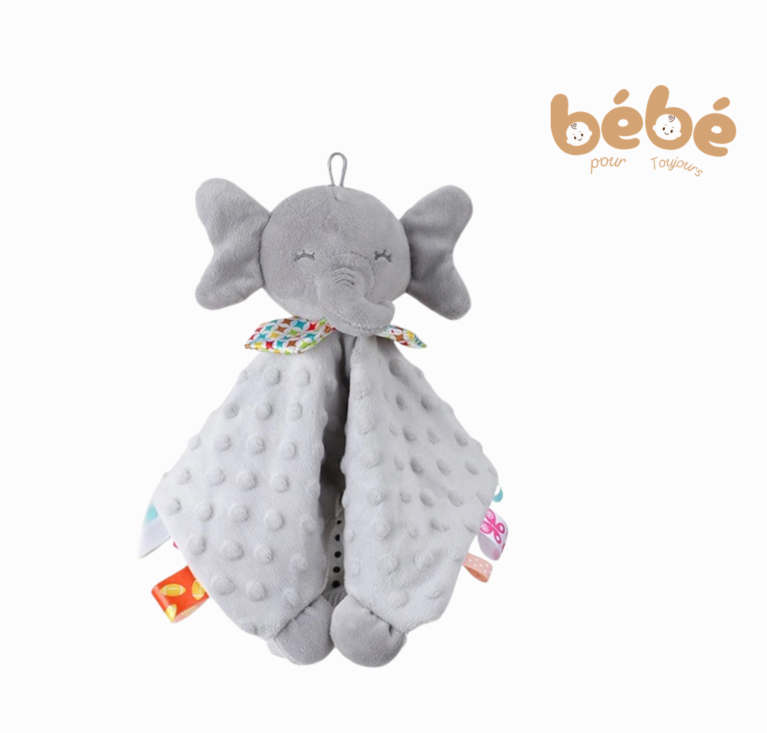 Doudou sensoriel bébé avec hochet et anneau de dentition – couverture d’attachement éléphant ou lapin